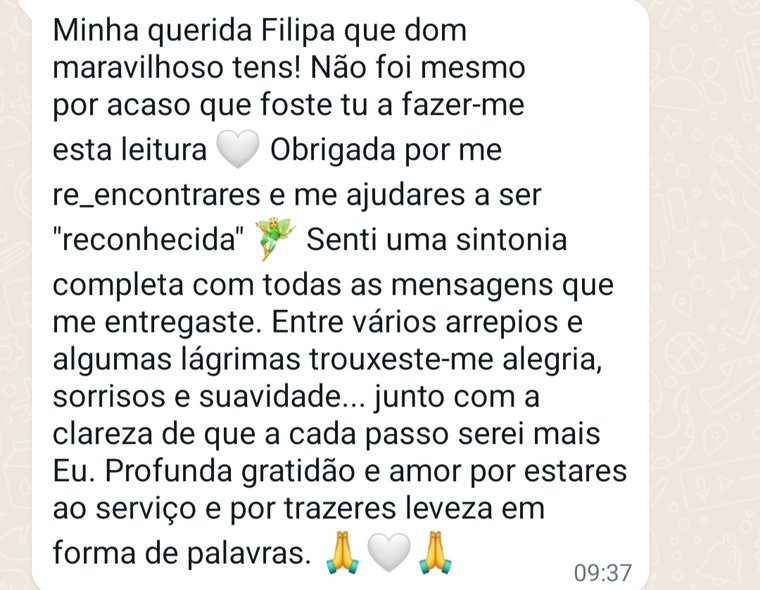 Mensagem de uma cliente depois de ouvir a sua leitura