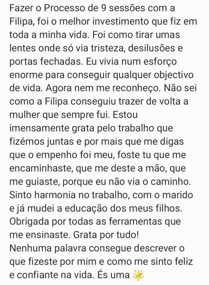 Mensagem de uma cliente sobre o trabalho com a Filipa