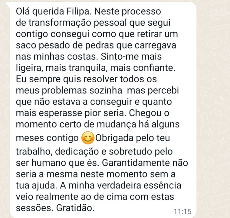 Mensagem de uma cliente sobre o trabalho com a Filipa
