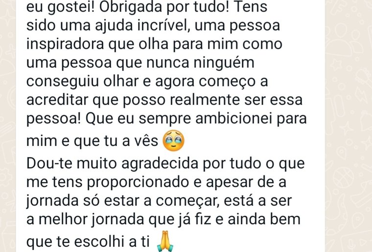 Mensagem de uma cliente sobre o trabalho com a Filipa