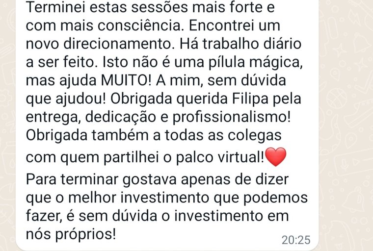 Mensagem de uma cliente sobre o trabalho com a Filipa