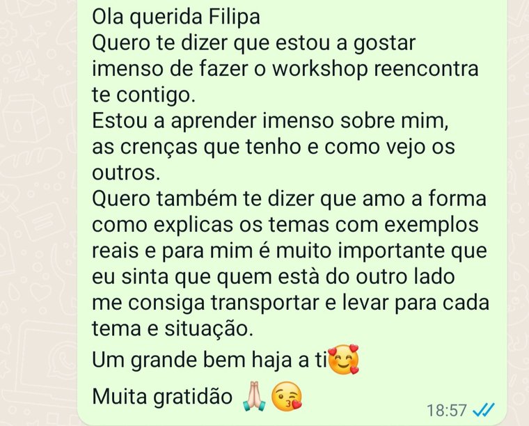 Mensagem de uma cliente sobre o trabalho com a Filipa